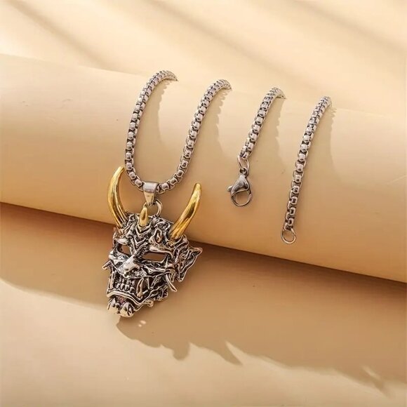 Necklace Demon Devil Mask Pendant Stainless Heavy Chain Goth Punk Edgy Rock - Picture 5 of 6